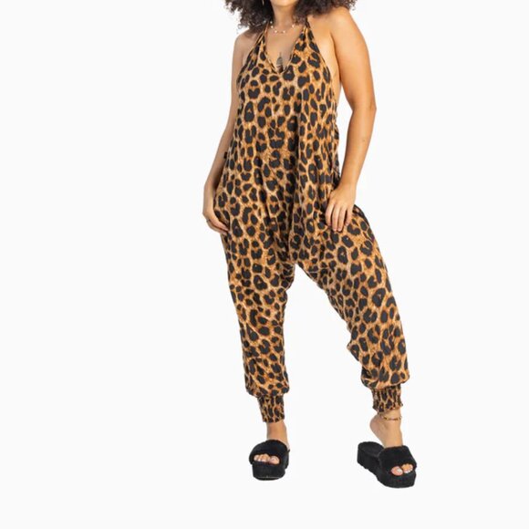 Buddha Pants Womens Boho Hippie V-Neck Jumpsuit Leopard